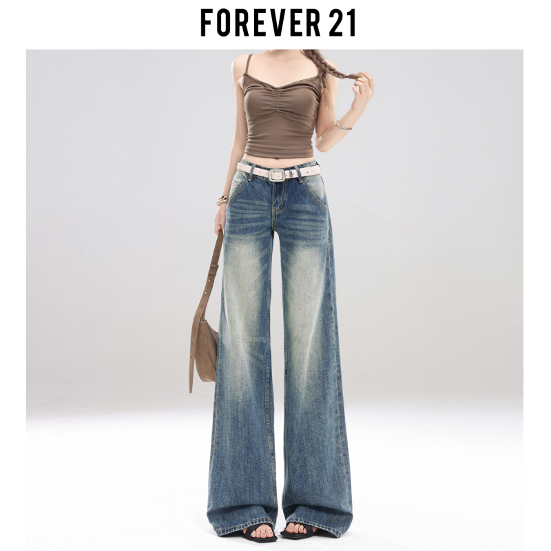 Forever 21 American Style Spicy Girl Low-Waist Wide-Leg Jeans for Women, Summer Vintage Blue Slim-Fit Straight Long Pants