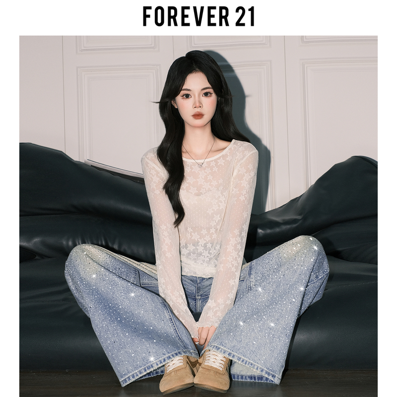 Forever 21 Beautiful Lace Star ins Inner Layer T-Shirt for Women, Spring Apricot Color, Round Neck, Slim Fit, Long Sleeve Top