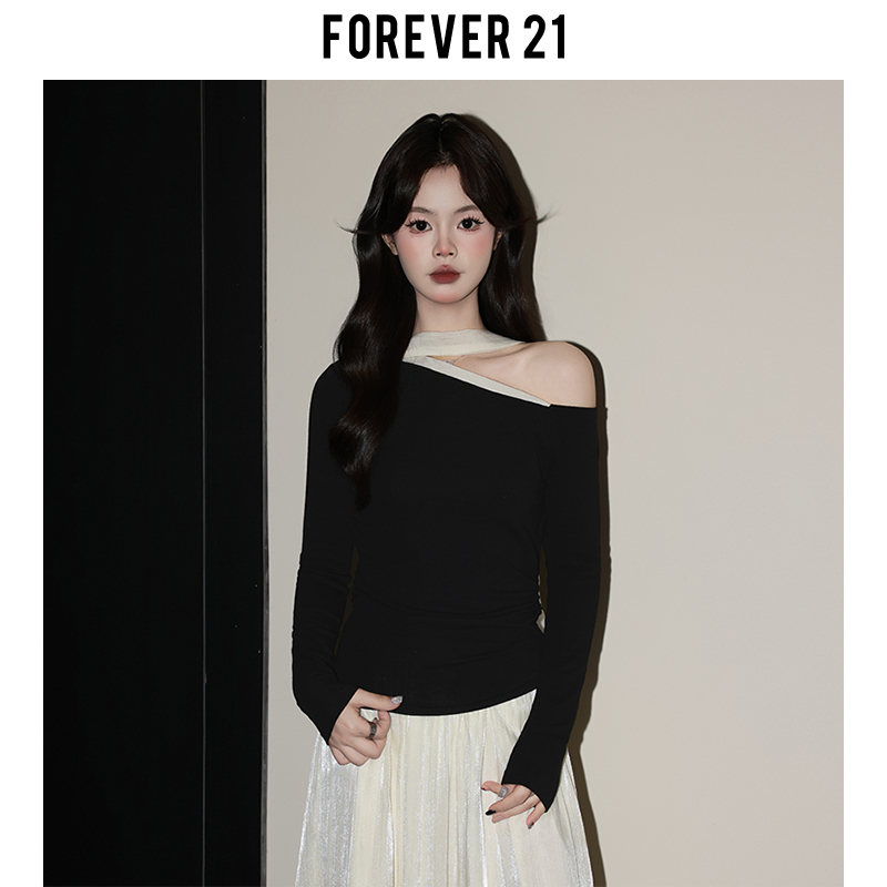 Forever21 Stylish Black Waist-Cinching Long-Sleeve T-Shirt for Women, New Spring Collection, Pure Desire Style, Off-Shoulder Slim-Fit Top Forever21 Stylish Black Waist-Cinching Long-Sleeve T-Shirt for Women, New Spring Collection, Pure Desire Style, Off-Shoulder Slim-Fit Top