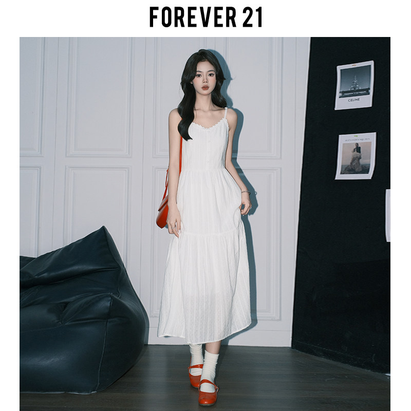 Váy hai dây nhẹ nhàng phong cách đầu xuân Forever21 dành cho nữ, váy trắng tình đầu xinh đẹp phong cách Hàn Quốc, váy dài đi biển dáng chữ A