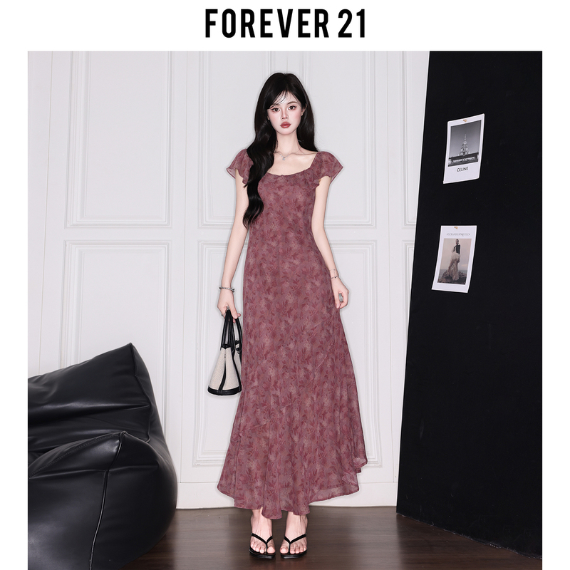 Forever21 Retro Purple Floral Dress with Small Flutter Sleeves for Women, Summer Ruffled Waist-Cinching ins Vacation Style Long Dress Forever21 Retro Purple Floral Dress with Small Flutter Sleeves for Women, Summer Ruffled Waist-Cinching ins Vacation Style Long Dress