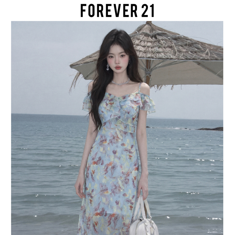 Forever21 Super Nice Light Blue Floral Spaghetti Strap Dress for Women with Ruffled Waist, A-Line, Off-Shoulder Long Dress Forever21 Super Nice Light Blue Floral Spaghetti Strap Dress for Women with Ruffled Waist, A-Line, Off-Shoulder Long Dress