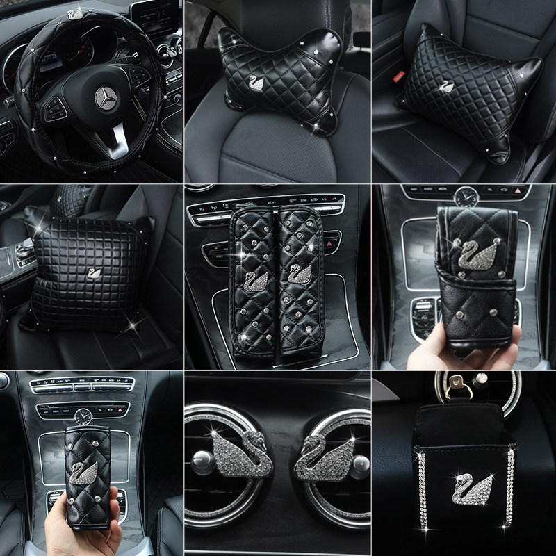 Car four-season universal water drill inlaid with cartoon swan swanky hand brake sleeve gear shift handle sleeve headrest pillowup pillow suit