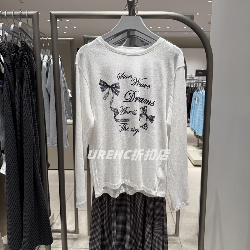 Urehc2026 Spring New Women's Casual Daily Retro Bow Letter Print T-Shirt 460082
