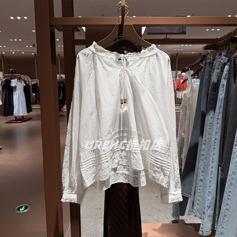 Urehc2026 New Summer Women's Clothing French Elegant Lace Splicing Lace-Up Blouse Shirt Top 260027