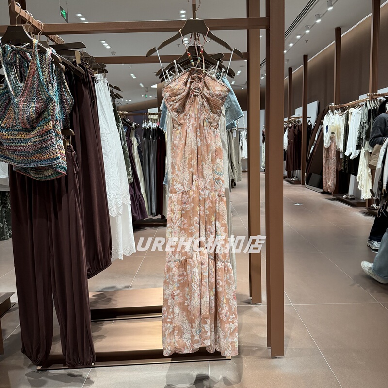 Urehc2026 New Summer Women's Casual Plant Print Beaded Halter Neck Gold Thread Dress 760065 Urehc2026 New Summer Women's Casual Plant Print Beaded Halter Neck Gold Thread Dress 760065