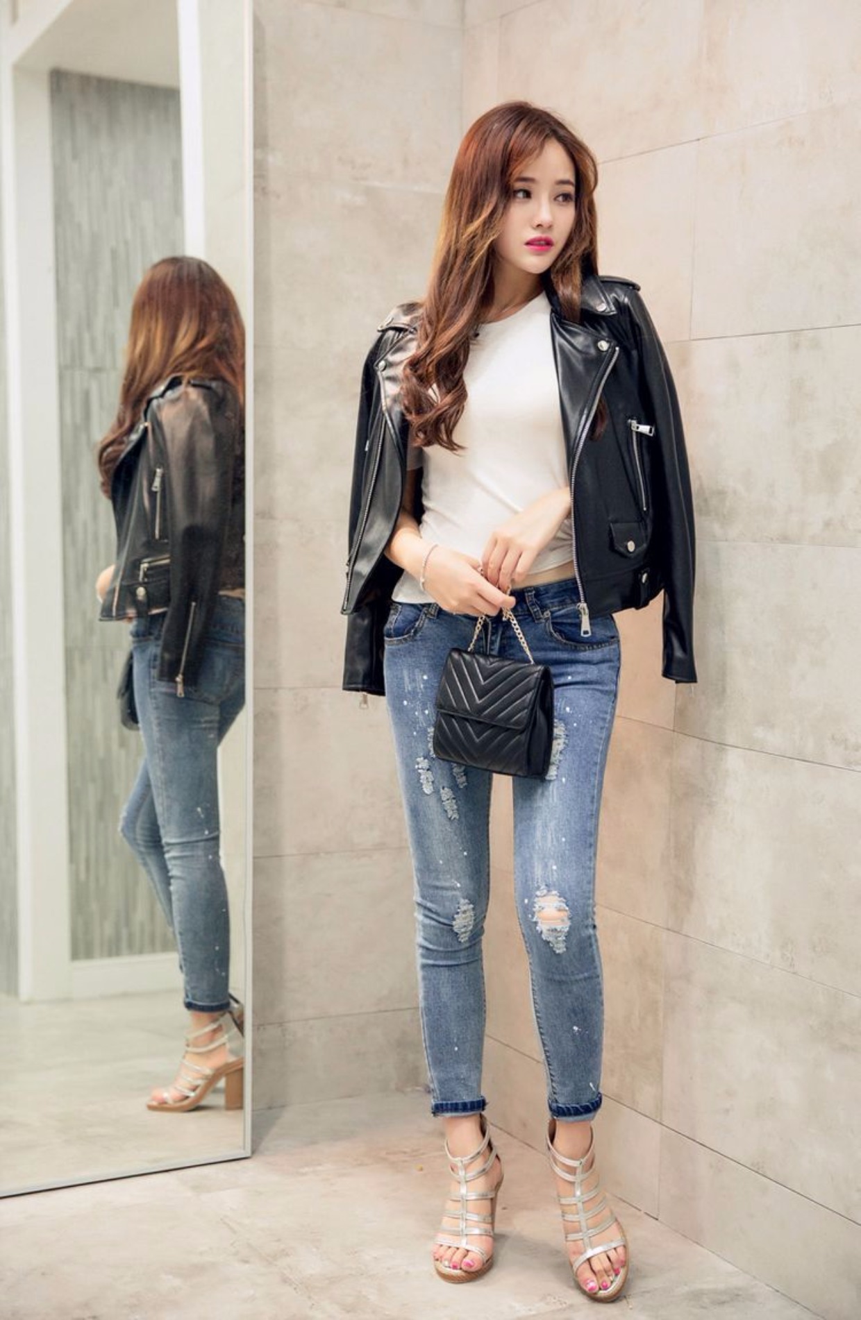 Quần áo da nữ xuân hè 2017 phiên bản mới của Hàn Quốc tự tu ngắn đoạn hoang dã là eo thon rửa sạch tay áo dài học thủy triều đẹp trai áo da báo