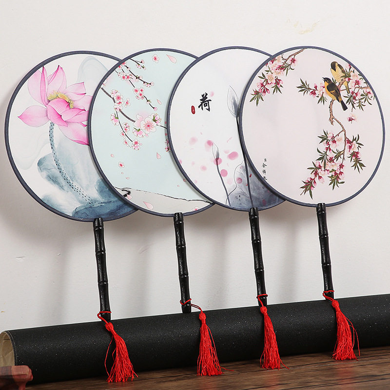 Fan Cluster Classical Chinese Fenghan Classy Clothing White Circular Fan Fan Long Handle Female Dance Fan Customized Fan