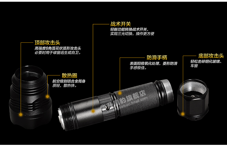 Huasheng Panther ngoài trời cưỡi đèn tự vệ sạc siêu sáng nhập khẩu led đa chức năng đèn pin chói tầm xa đèn pin kích điện
