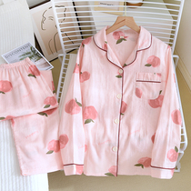 Fresh All-cotton Pyjamas Lady Spring Autumn Season Pure Cotton Double Layer Gauze Thin summer loose Long sleeves Home Residence Suit Suit