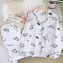 Day Department Cotton Cotton Pyjamas Girls Spring Autumn Double Layer Pure Cotton Gauze Home Clothing Spring Summer New Home Suits Suit Cute