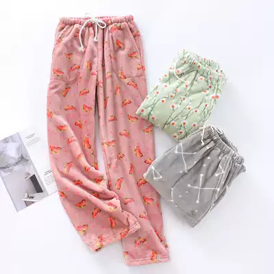 Winter women's flannel large size thickened men's pajamas Coral velvet pants plus velvet women's outer wear trousers home pants