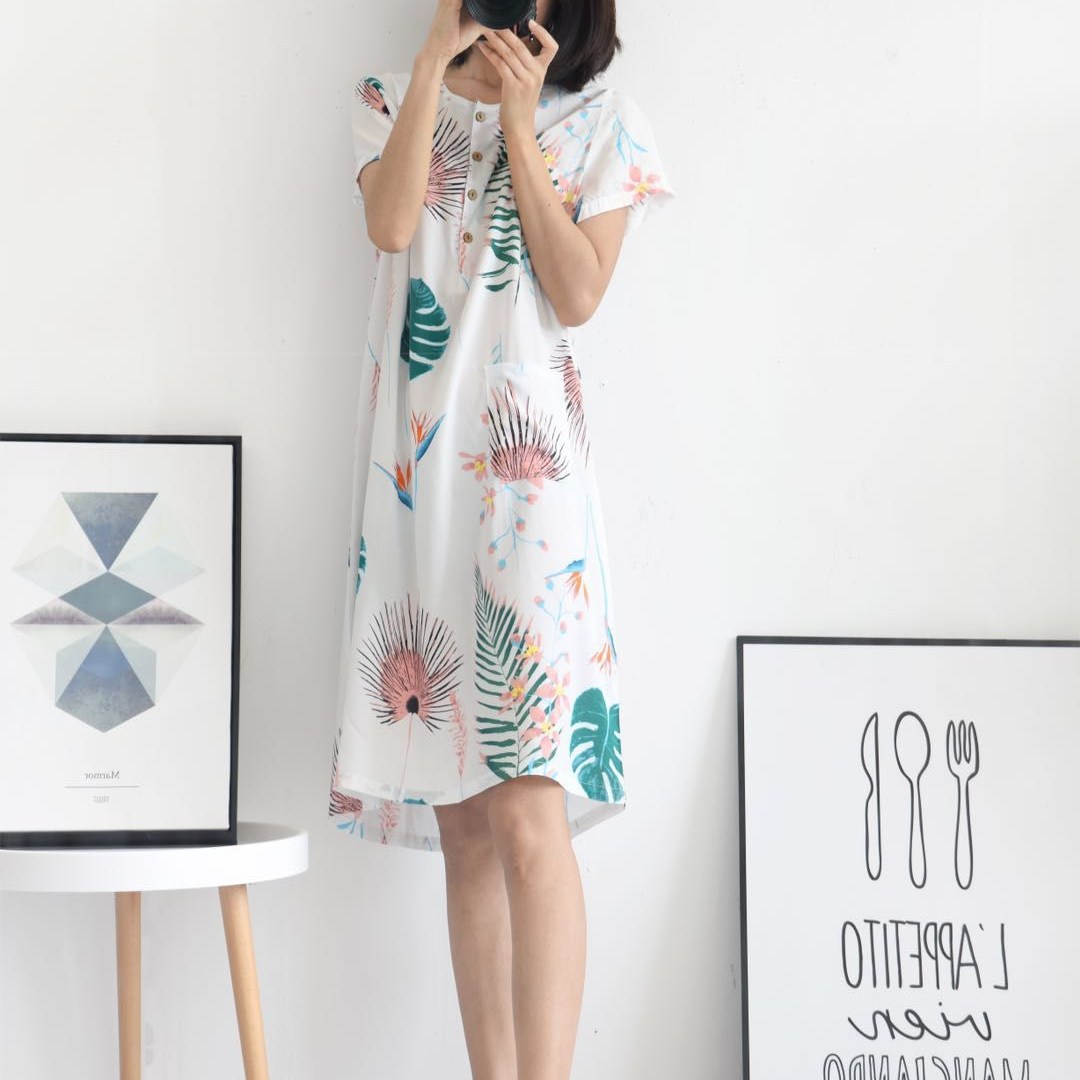 Sleeping Dress Summer Thin Cotton Silk Sleeping Dress Woman Artificial Cotton Sleeping Dress Pure Cotton Full Cotton Student Loose Summer Home Clothes