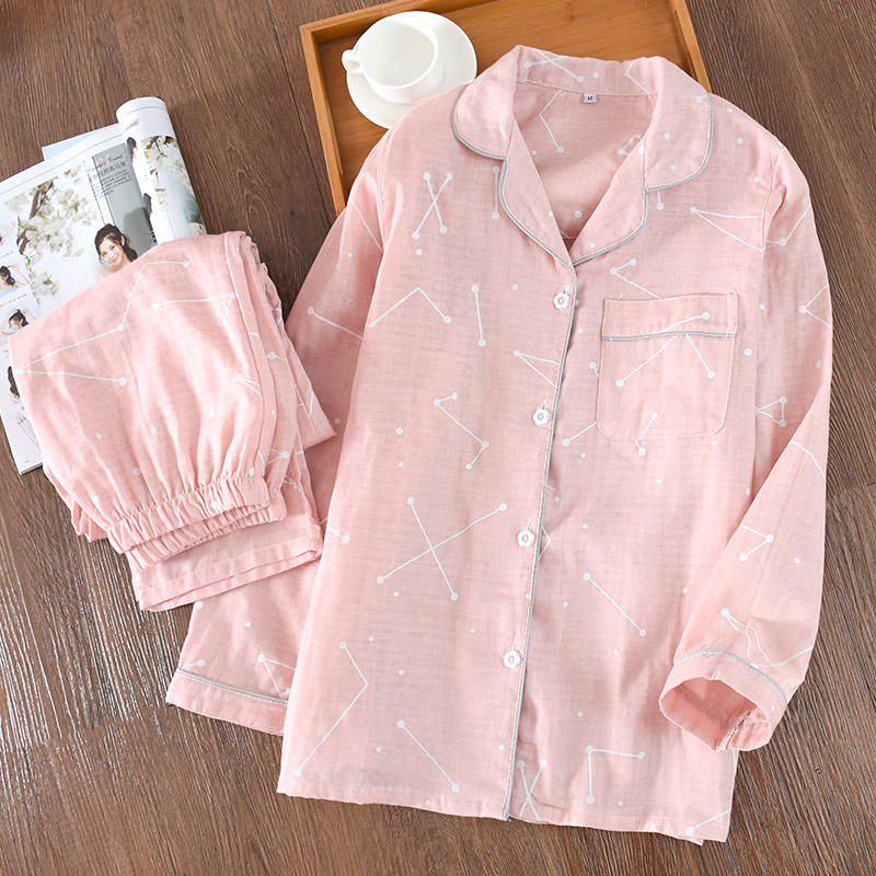 Cặp đôi mẫu Nhật Bản mùa xuân và mùa hè mùa thu cotton gạc đồ ngủ nam và nữ cotton lỏng phiên bản mùa hè của bộ đồ dịch vụ gia đình nhà may đồ bộ đẹp