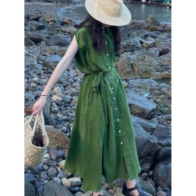 Retro Sleeveless Cotton and Linen Dress for Women 2026 Summer New Style Loose Slimming Casual Mid-Length Linen Shirt Dress