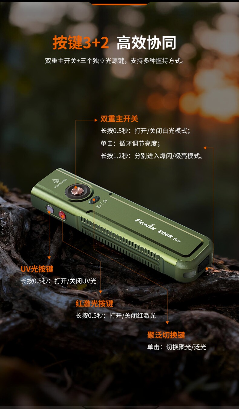 Fenix E06R Pro Flashlight Small Portable Strong Light Spotlight Rechargeable Ultraviolet Ambient Light