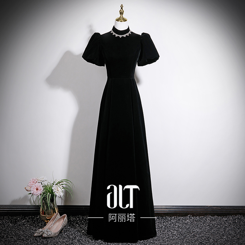Alt Alita 2025 New Black Velvet Evening Dress for Women, High-End and Elegant, Suitable for Socialites and Event Hosts