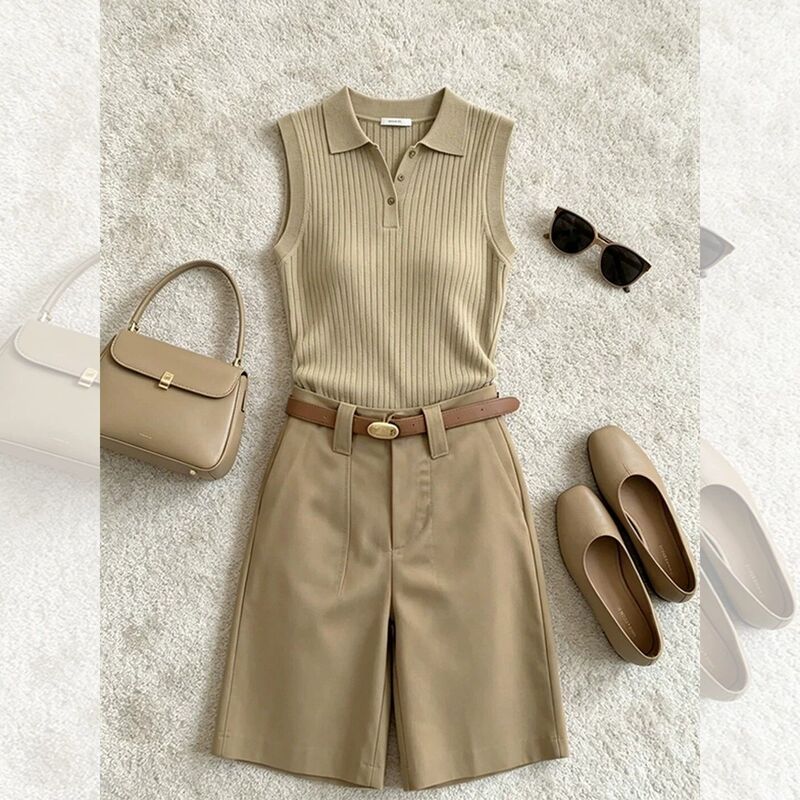 2026 Super Trendy Summer Outfit, a Complete Set of Old Money Style, High-End, Elegant, Fashionable Khaki Knitted Vest and Shorts Set