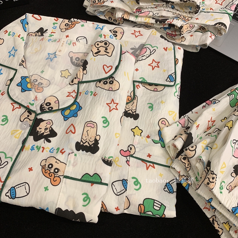 Crayon Shin-Chan Couple Pure Cotton Pajamas Women's Summer Short-Sleeved Three-Piece Set Cotton Silk Large Size Loose Men's Home Wear Thin
