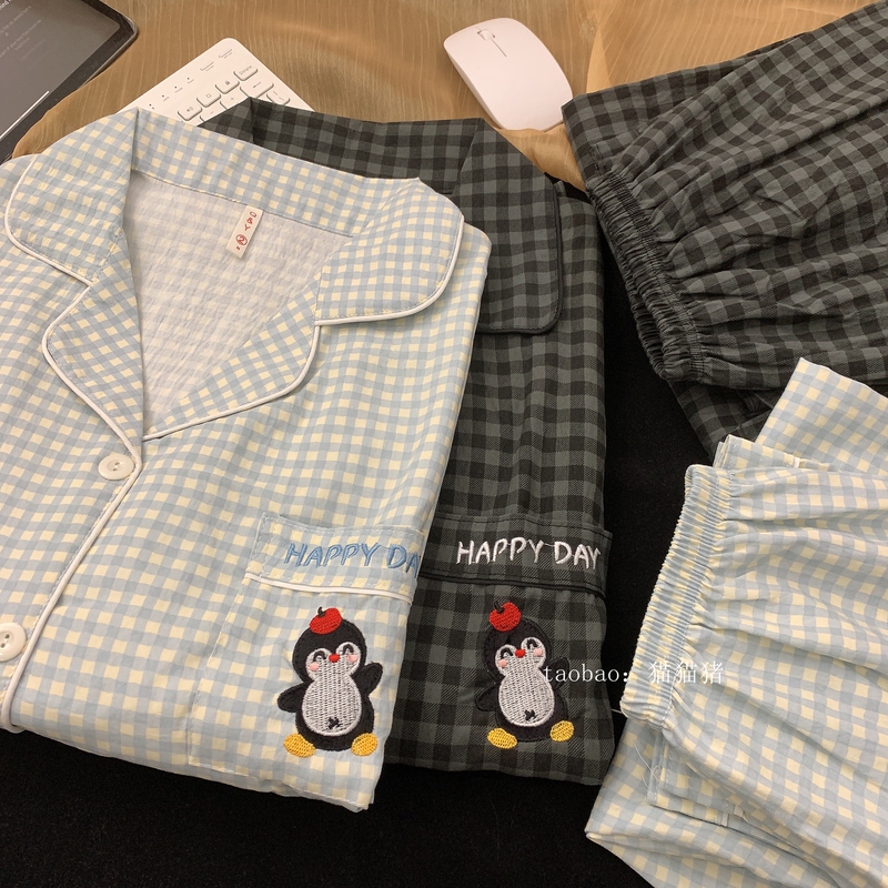 Embroidered Penguin Pure Cotton Couple's Men's Pajamas Women's Long Sleeve Set Spring and Autumn Loose Large Size Plaid Thin Homewear