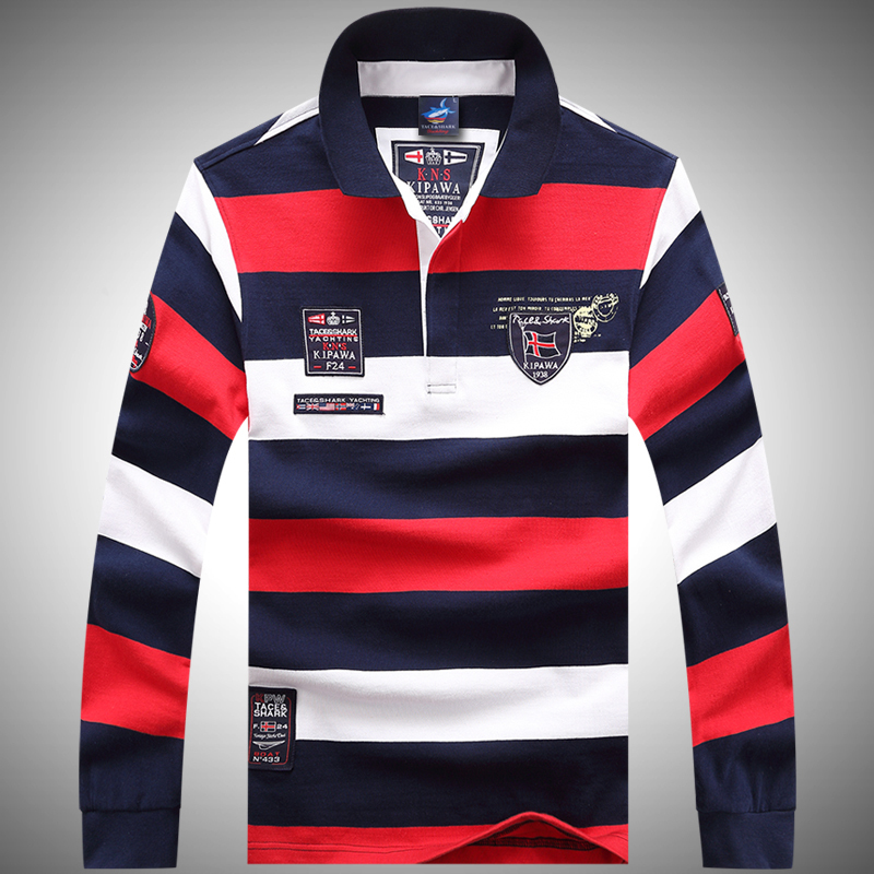 2025 Spring and Autumn Authentic Shark Men's Long Sleeve T-Shirt with Collar Striped T-Shirt Men's Loose Fit Plus Size Polo Shirt