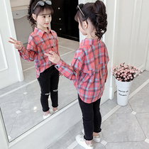 Girl shirt 2021 new childrens autumn girl foreign style shirt in the big child cotton cotton Korean plaid shirt