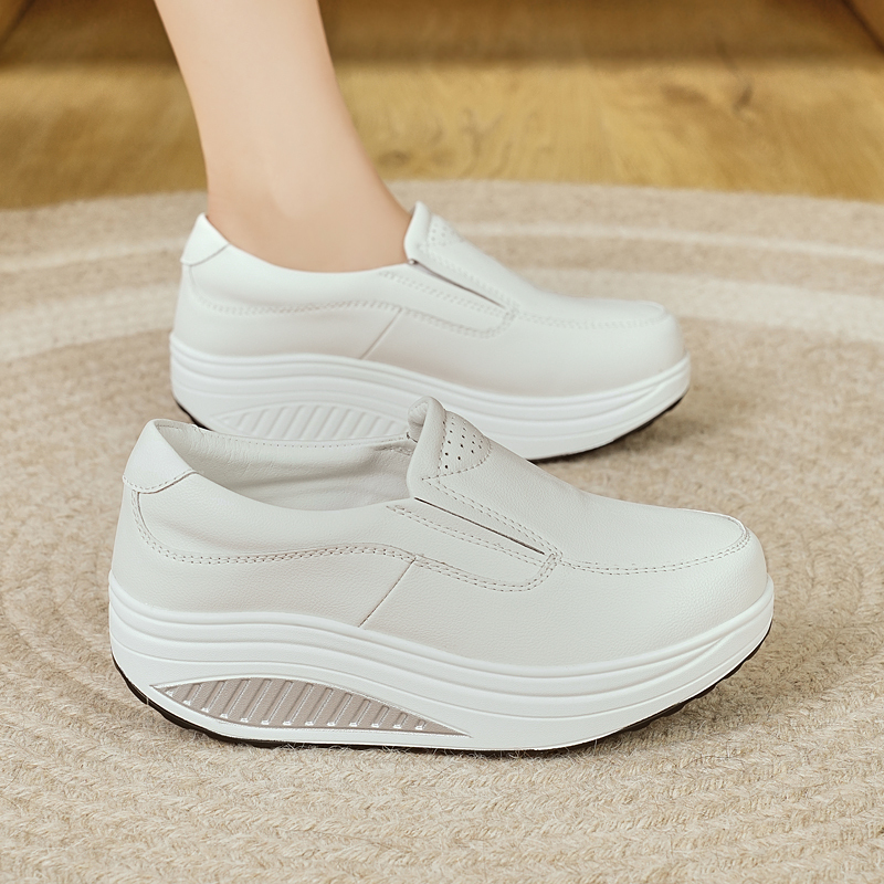 Genuine Leather Large Size New Rocking Shoes White Sneakers Nurse Women's Shoes Thick-Soled Wedge Soft-Soled Platform Shoes Women's Single Shoes