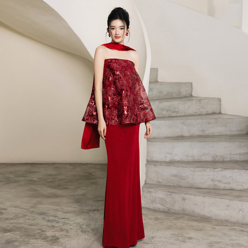 Red Sequin Strapless Robe for Women, Bride's Toast Dress, New Chinese-Style Wedding Dress for Pregnant Women, Concealing Belly, Slimming Engagement Dress