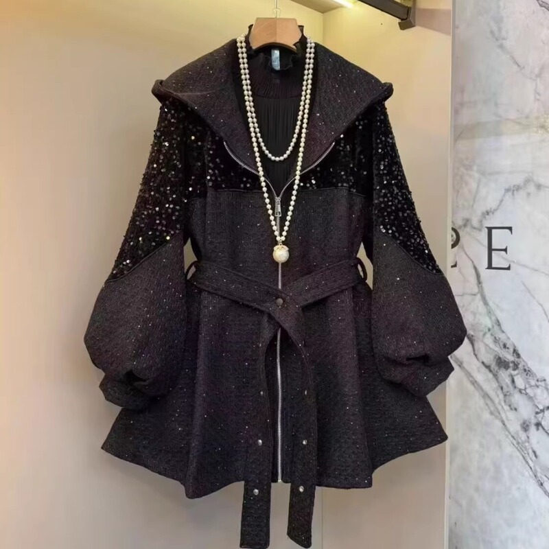 European Goods 2025 Autumn New Korean Style Small Chanel-Style Hooded Stylish Jacket Slimming Puff Sleeves Elegant Fashion Cardigan