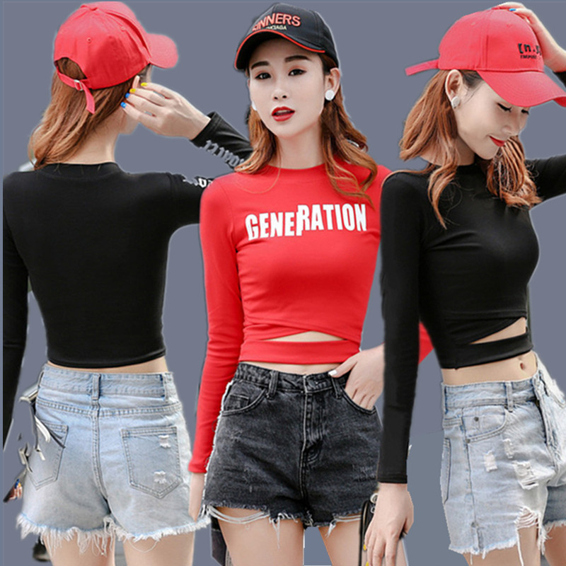 Sexy skinny jazz dance top women's crop top fitness sport T-shirt long sleeves letter print yoga suit crew neck