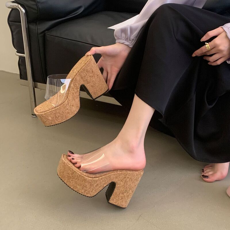 Thick-Heeled Super High-Heeled Shoes 12cm Nightclub Sexy Waterproof Platform Thick-Soled Transparent Fish-Mouth Sandals Lightweight Fashionable Slippers for Women
