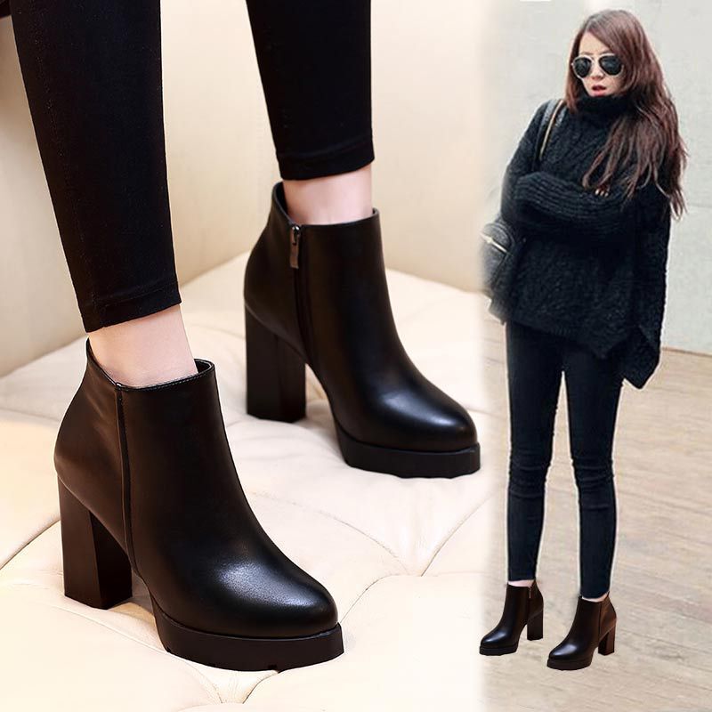 Thick-Heeled Ultra-High Heels 10cm Winter Waterproof Platform Thick-Soled Leather Martin Boots and Bare Boots with Velvet Fashion Short Boots for Women Thick-Heeled Ultra-High Heels 10cm Winter Waterproof Platform Thick-Soled Leather Martin Boots and Bare Boots with Velvet Fashion Short Boots for Women