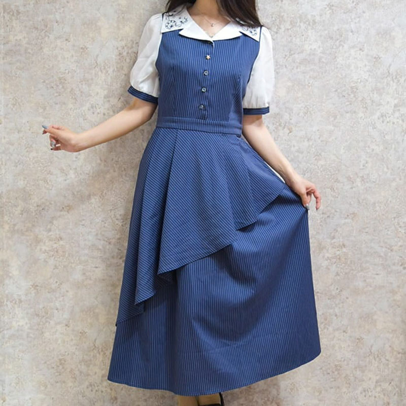 Axesfemme Moon and Starry Sky Embroider Asymmetrical Fake Two-Piece Women's Gorgeous Short-Sleeved Dress Ts351X145