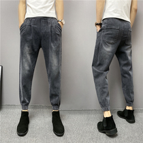 2021 autumn washed casual jeans mens bunched feet black slim stretch old net red same Haren pants