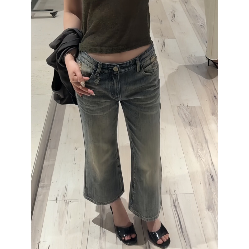 American Retro Washed Distressed Flared Denim Capri Pants for Women, New Summer Low-Waist Vintage Slim Fit Bell-Bottom Pants