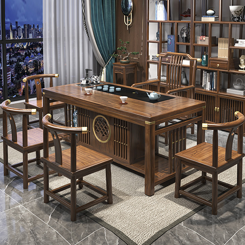 Office Gongfu Tea Desk Solid Wood Tea Table New Chinese Style Modern Simplicity Meditation Log Home Tea Table Chairs Combo-Taobao