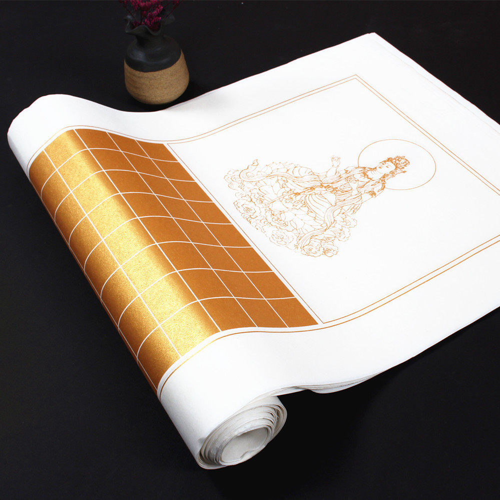 Four-foot folio mud and gold cooked Xuan vertical banner Heart Sutra square 3cm small regular script Law copy Sutra special rice paper wholesale