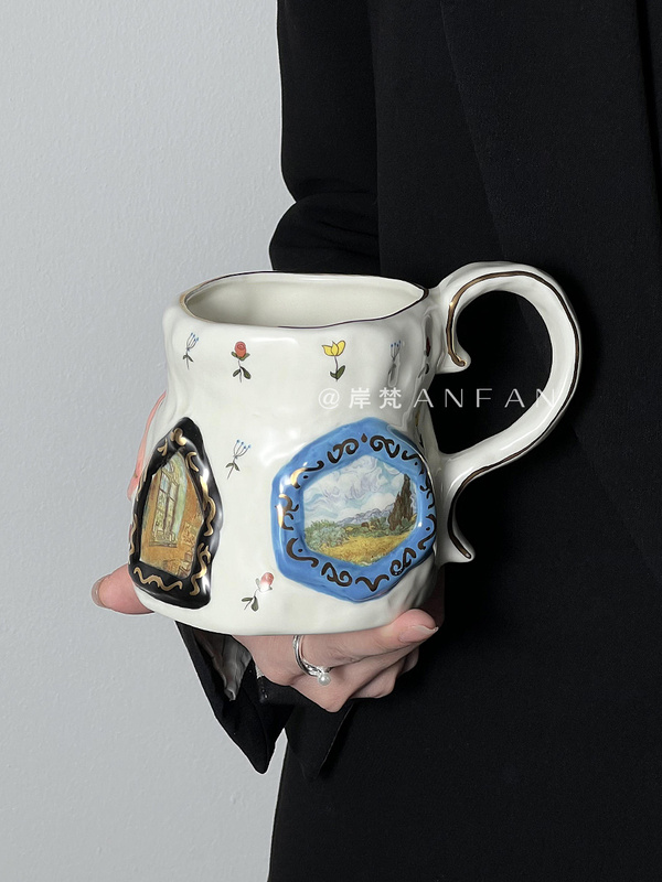 Anfan* Original Design Retro Ceramic Cup Hand-Painted Quirky Water Cup Large Capacity Mug with Handle Anfan* Original Design Retro Ceramic Cup Hand-Painted Quirky Water Cup Large Capacity Mug with Handle