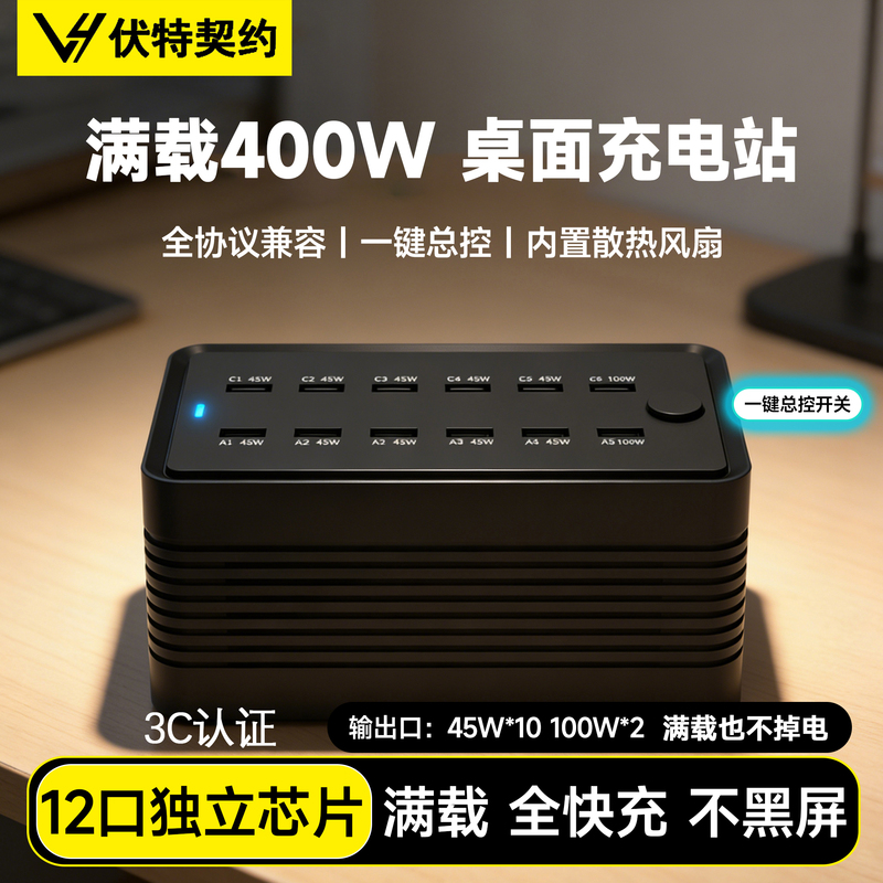 400W Full-Load Multi-Port USB Charger Gallium Nitride Fast Charging Desktop Charging Station Studio-Specific 12-Port Fast Charging Suitable for Laptops, Tablets, and Mobile Phones Charging Plug with One-Button Master Control