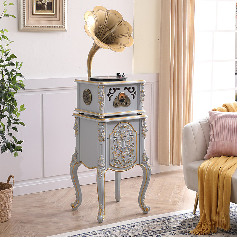 Old-fashioned big speaker gramophone retro vinyl record player living room home American solid wood electric record player bluetooth audio