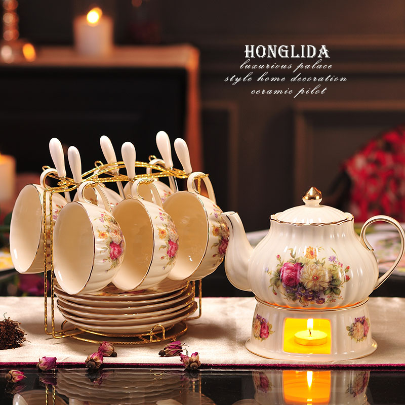 Flower teapot set glass boiled fruit teapot ceramic Afternoon Tea Flower Fruit tea cup tea set household candle heating