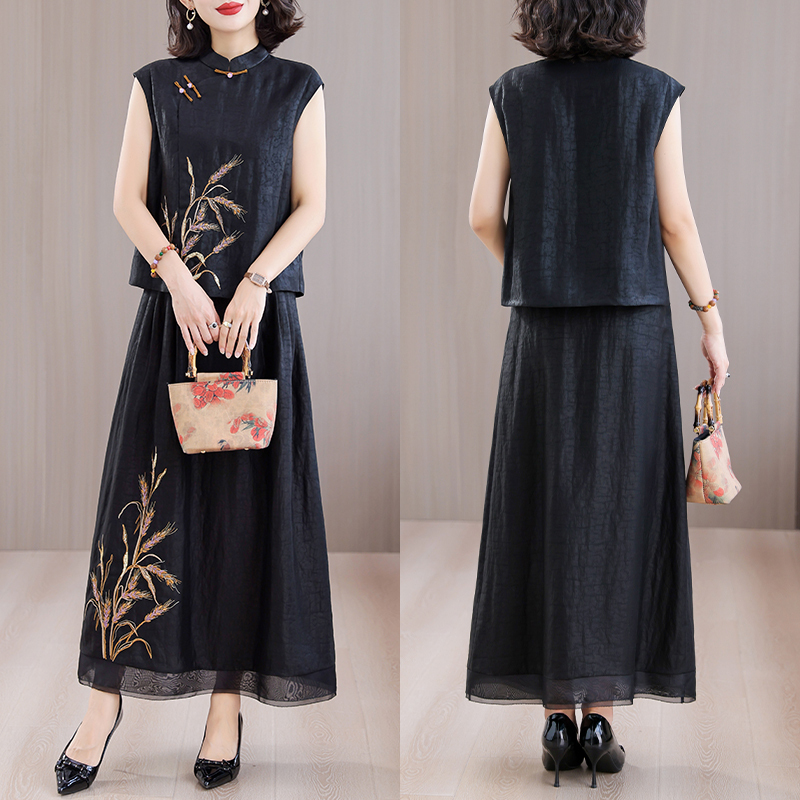 Summer Two-Piece Set of Fragrant Cloud Silk Embroidered Crackle-Pattern Top and Skirt Suit, High-End, Fashionable, Elegant and Youthful