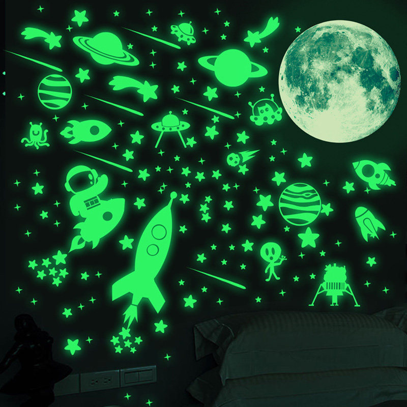 Luminous Stickers for Bedroom Walls, Children's Cartoon Waterproof Glowing Moon and Starry Sky Fluorescent Creative Decorative Stickers