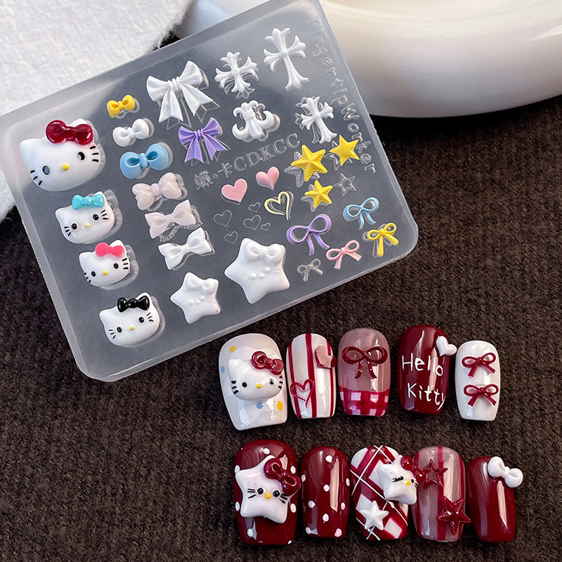 Nail Art Kt Cat Mold 3D Silicone Bow Mold 3D Cute Cartoon Carving Pattern Nail Decoration