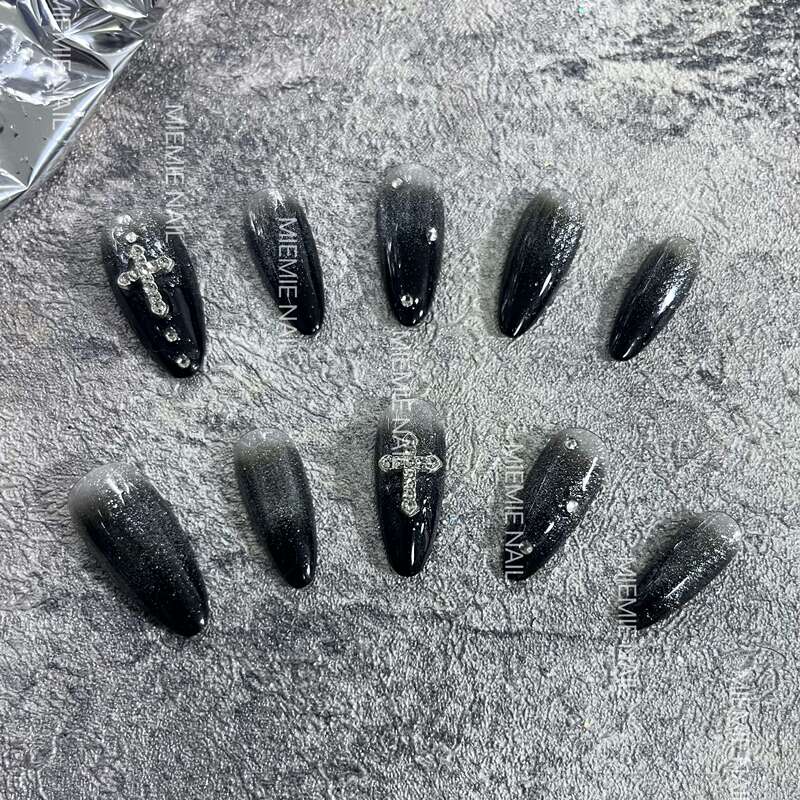 【Mie Mie】Purely Handmade Niche Black and Silver Gradient Cross White Diamond Ultra-Thin Almond-Shaped Press-On Nails