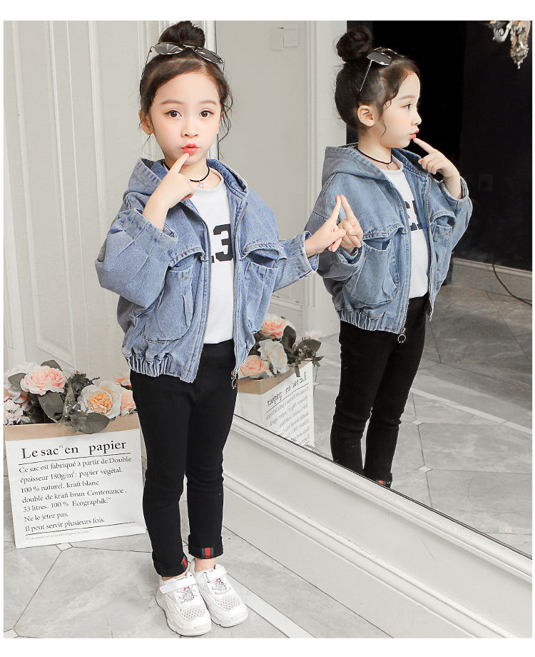 Áo khoác denim nữ 2019 phiên bản Hàn Quốc mới của các bé lớn thời trang nước ngoài ngắn trùm đầu áo khoác có khóa kéo - Áo khoác quần áo trẻ sơ sinh