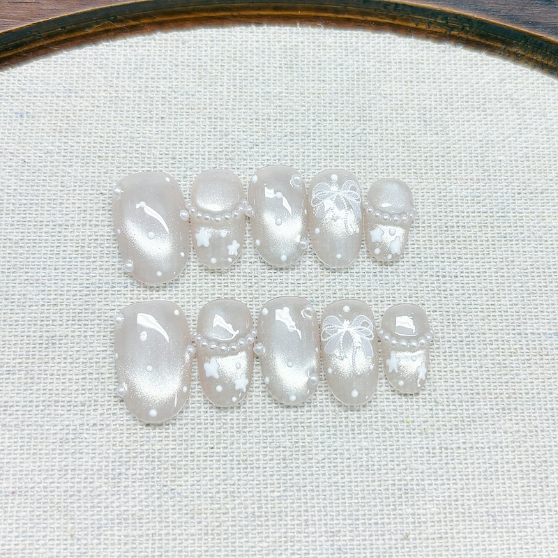 [Ice-Clear Bow] Cool and Transparent Cat-Eye Handmade Wearable Nails with Polka Dot Bow, Cute Girly Nail Art