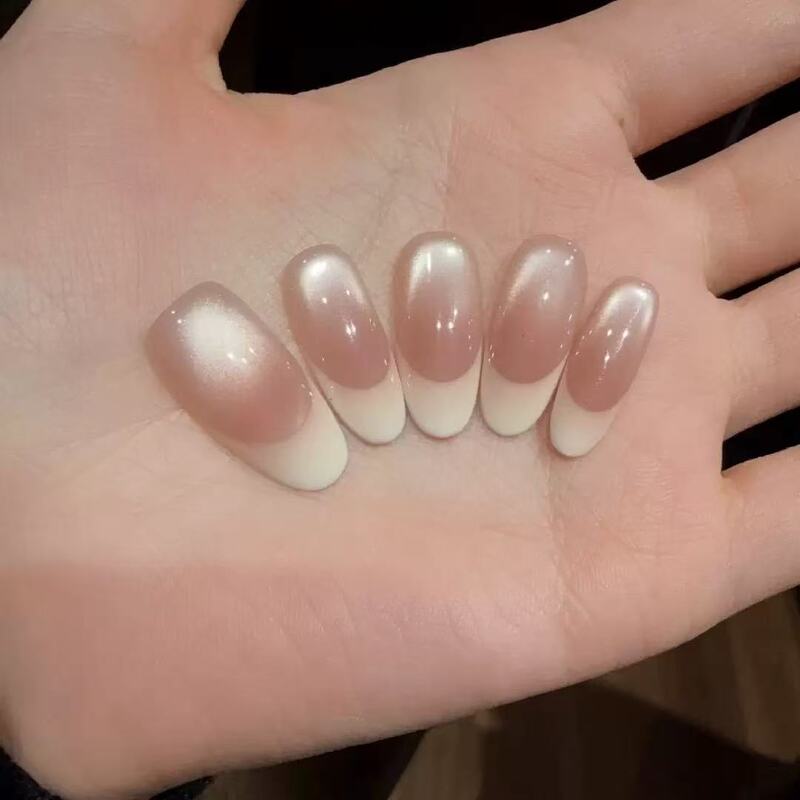 [Coco Mousse] Nude French Blush Glass Bead Cat Eye Handmade Wearable Nails Gentle and Simple Nail Stickers