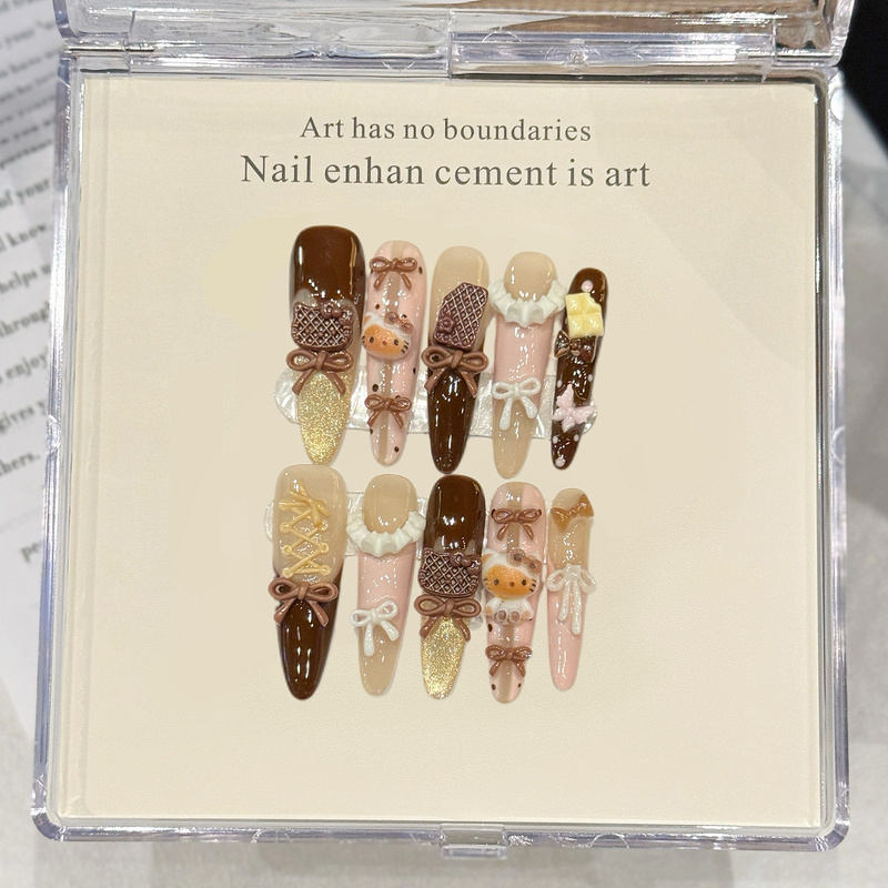【Keruli】Sweet Ballet Pink Brown Cartoon Handmade Wearable Nails Cute Whitening Fairy Long Nail Stickers