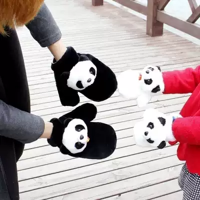 Cute cartoon children's parent-child gloves cute plus velvet warm and thick winter plush female panda claw with finger cover